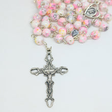 Load image into Gallery viewer, Pink Marble-Effect Crystal Rosary with Heart Centerpiece and Pouch