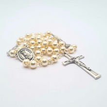 Load image into Gallery viewer, Pearl Rosary with Apparitions of Our Lady of Fatima Medals and Terra of Fatima