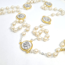 Load image into Gallery viewer, Pearl Rosary with Saint Christopher and Fatima Medals