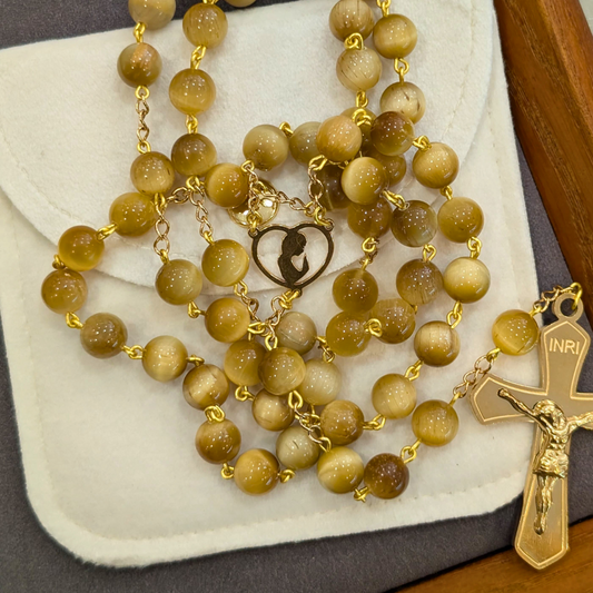 Natural Golden Tiger Eye Stone Rosary with Traditional Gold-Toned Crucifix