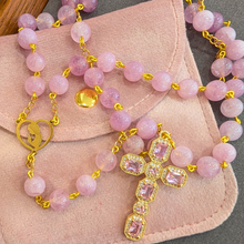 Load image into Gallery viewer, Natural Pink Quartz Stone Rosary with Crystal Cross
