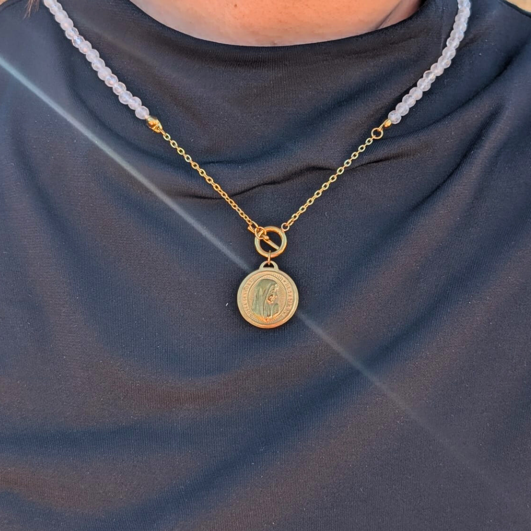 Natural Stone Chain Necklace with Fatima Medal