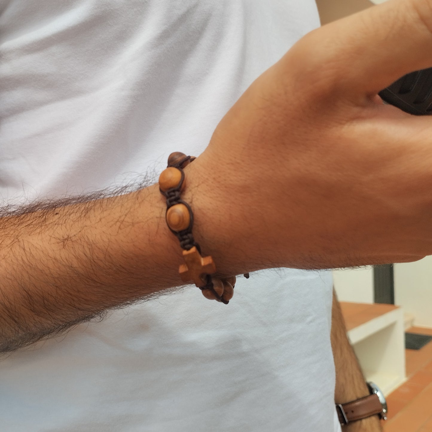 Olive Wood Decade Cross Bracelet