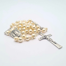 Load image into Gallery viewer, Pearl Rosary with Apparitions of Our Lady of Fatima Medals and Terra of Fatima
