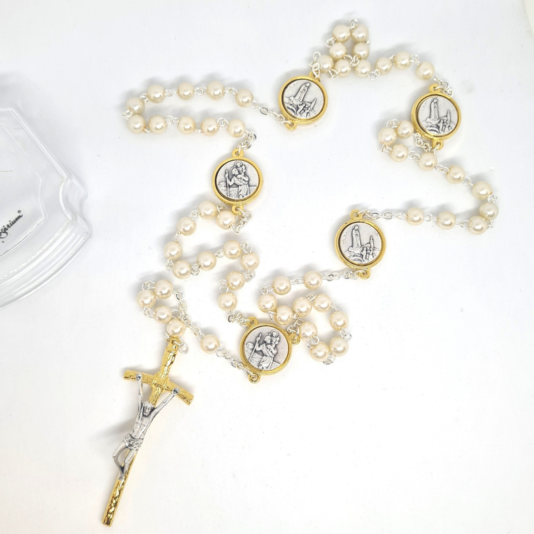 Pearl Rosary with Saint Christopher and Fatima Medals