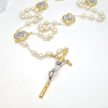 Load image into Gallery viewer, Pearl Rosary with Saint Christopher and Fatima Medals
